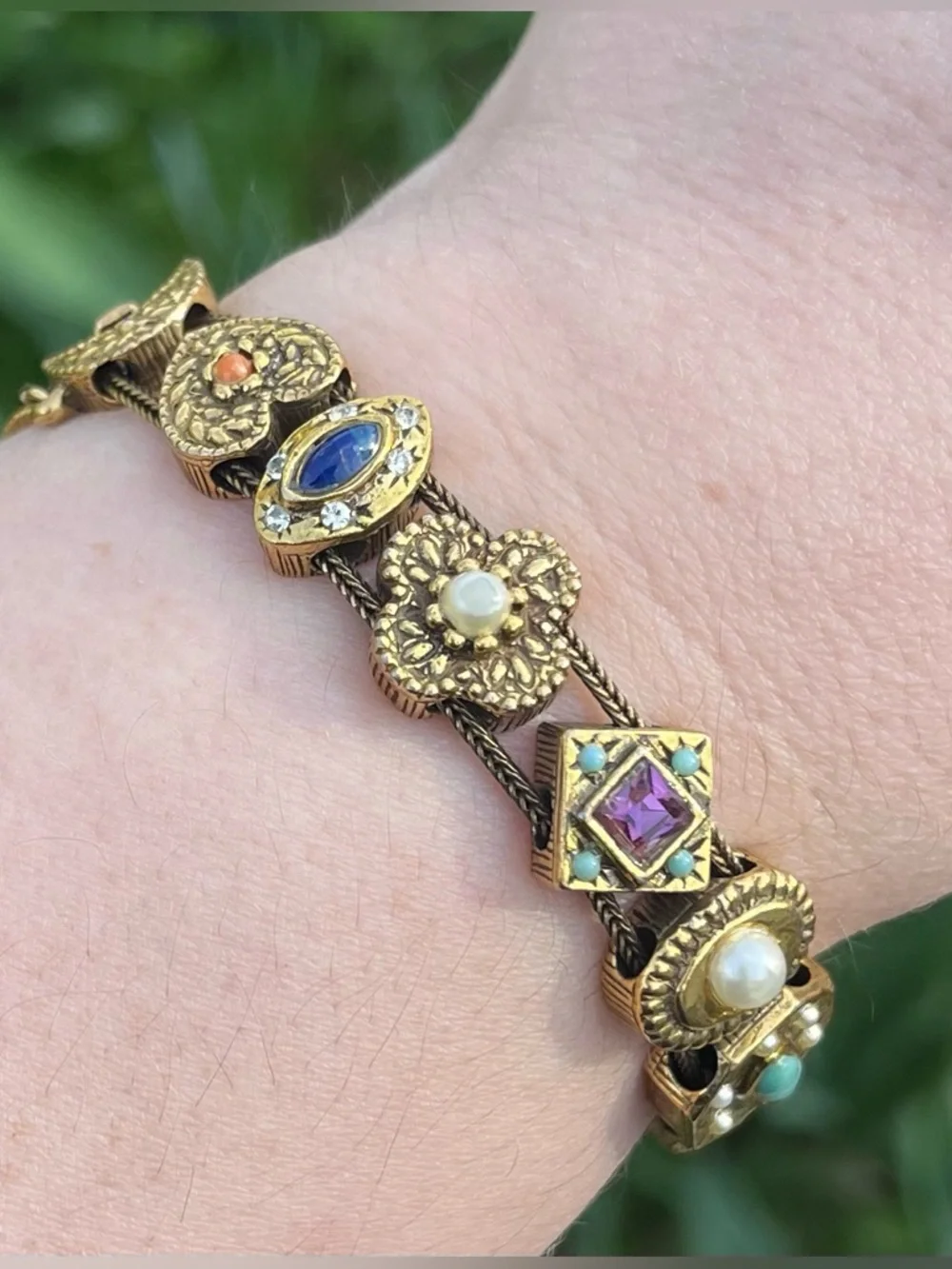 Vintage MCM Goldette Victorian Revival Slide Bracelet Faux Pearl Emerald Garnet - Picture 1 of 10